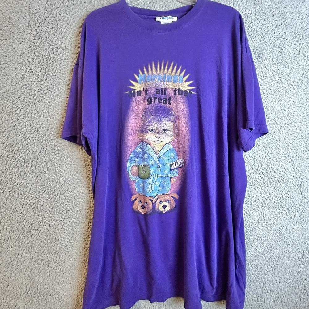 VTG Lollipop Cat Lady Long Sleep Shirt OS "Mornings Ain't All That Great" Humor
